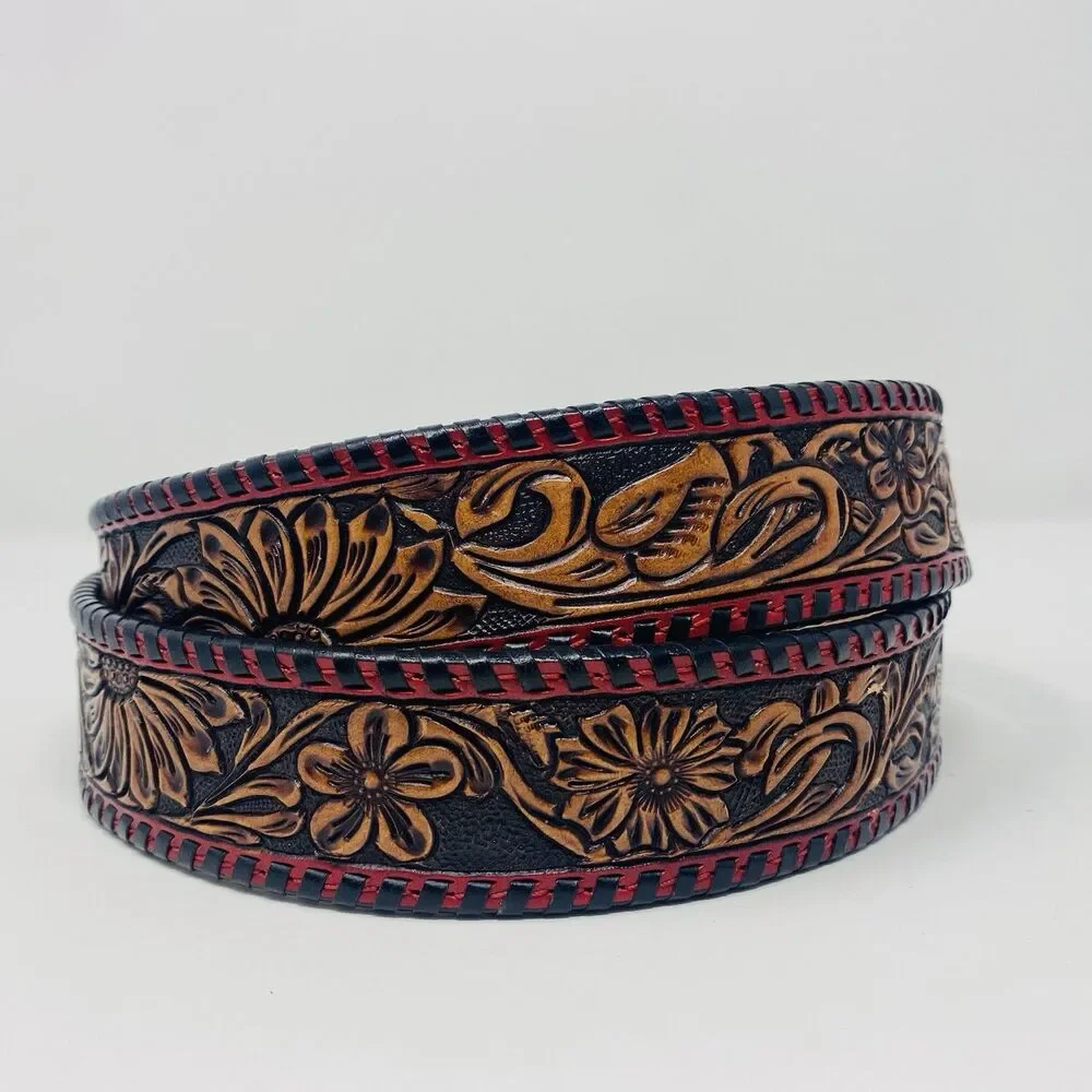 American Darling 44 Red Floral Hand Tooled Leather Belt Western Unisex USA Rodeo